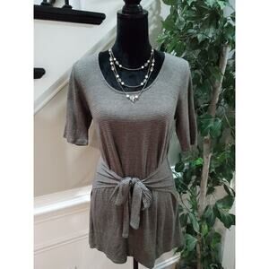 Pure Jill Women's Gray Striped Waist Tie Round Neck Short Sleeve Top Blouse S